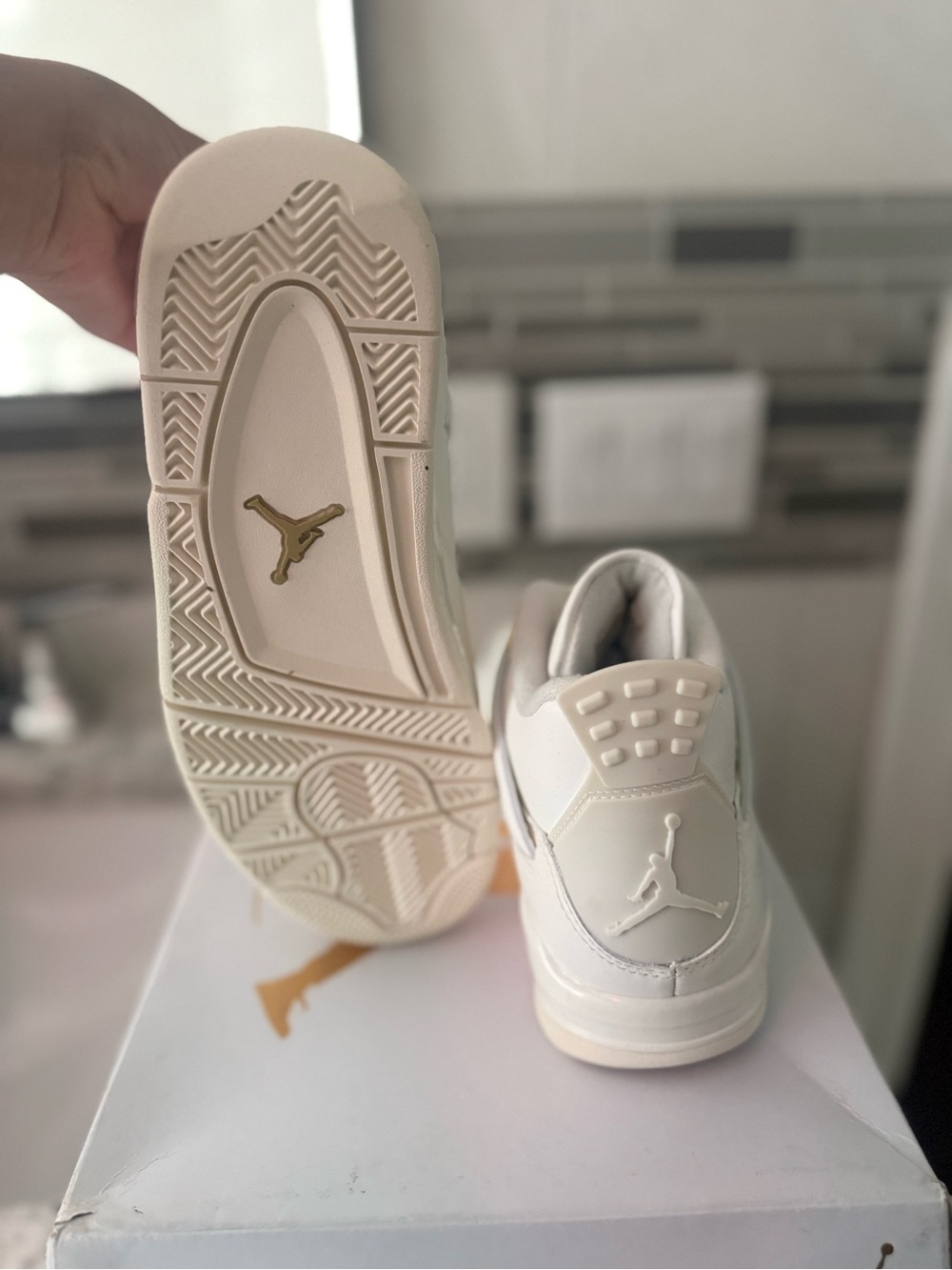 Jordan 4 retros Women’s White Sneakers with Gold Hardware - Picture 3 of 4